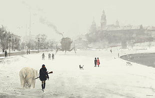 photo of snow covered land and group of people walking beside body of water