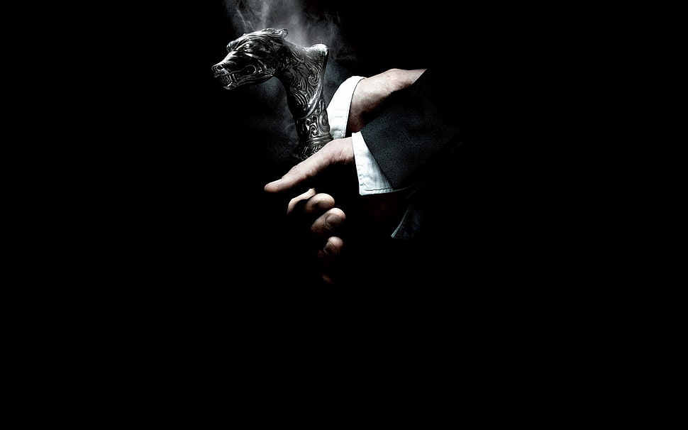 person holding hound head-themed walking cane HD wallpaper