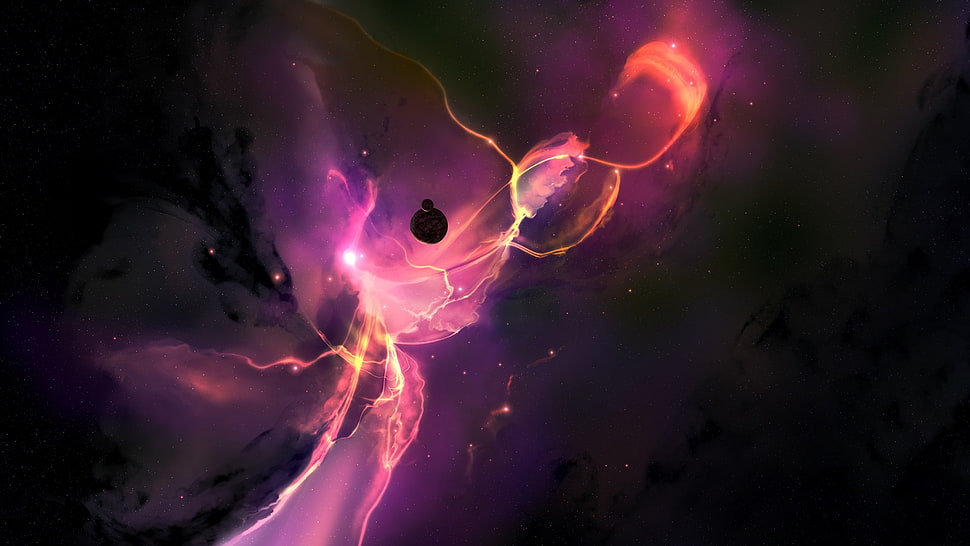 pink and orange nebula graphic artwork, space, JoeyJazz, space art, digital art HD wallpaper