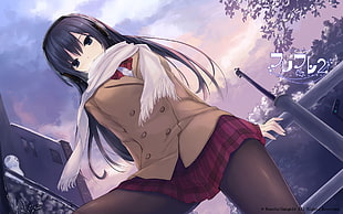 girl with gray haired wearing brown collared double-breasted jacket anime character