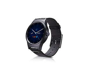round black smart watch with leather strap