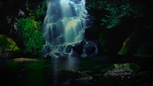 forest with waterfalls digital wallpaper, waterfall, photo manipulation, rock, moss