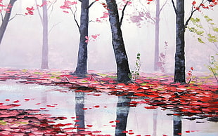body of water between red flowers and trees artwork