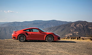red coupe, red cars,  Porsche 911 Turbo S 2017, mountains, Porsche 911 HD wallpaper