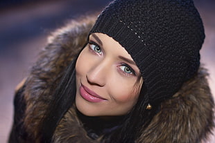 women's black knit cap, Angelina Petrova, face, portrait, smiling