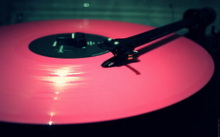 pink vinyl disc on black vinyl player, vinyl, technology, music