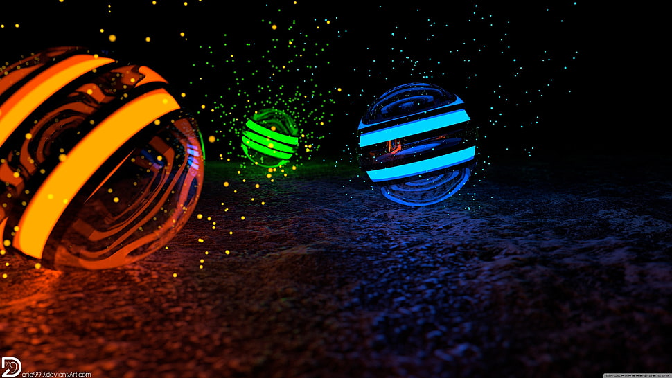 three assorted-color balls, CGI, sphere, orange, blue HD wallpaper