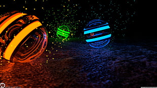 three assorted-color balls, CGI, sphere, orange, blue