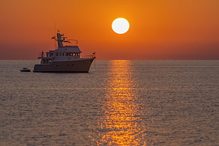 white fishing boat during sunset HD wallpaper