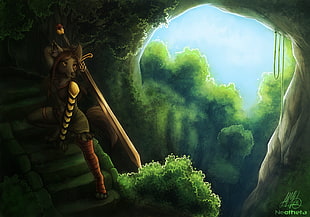 female mouse holding sword game digital wallpaper, furry, Anthro, sword, forest HD wallpaper