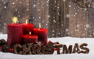 four red votive candles, Christmas, New Year HD wallpaper