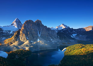 aerial view of river between mountains covered with snow