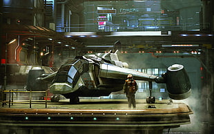 man standing in front of grey hovercraft illustration