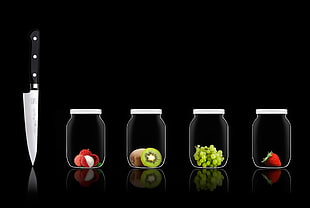 clear glass mason jars and knife, knife, glasses, fruit