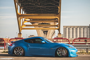blue coupe, Nissan, Stance