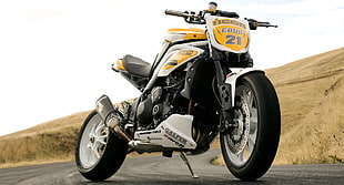 black, white, and yellow naked motorcycle, motorcycle, Triumph, icon, speed triple