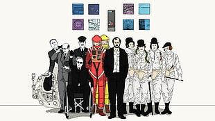 illustration of peoples, 2001: A Space Odyssey, A Clockwork Orange, Dr. Strangelove, HAL 9000