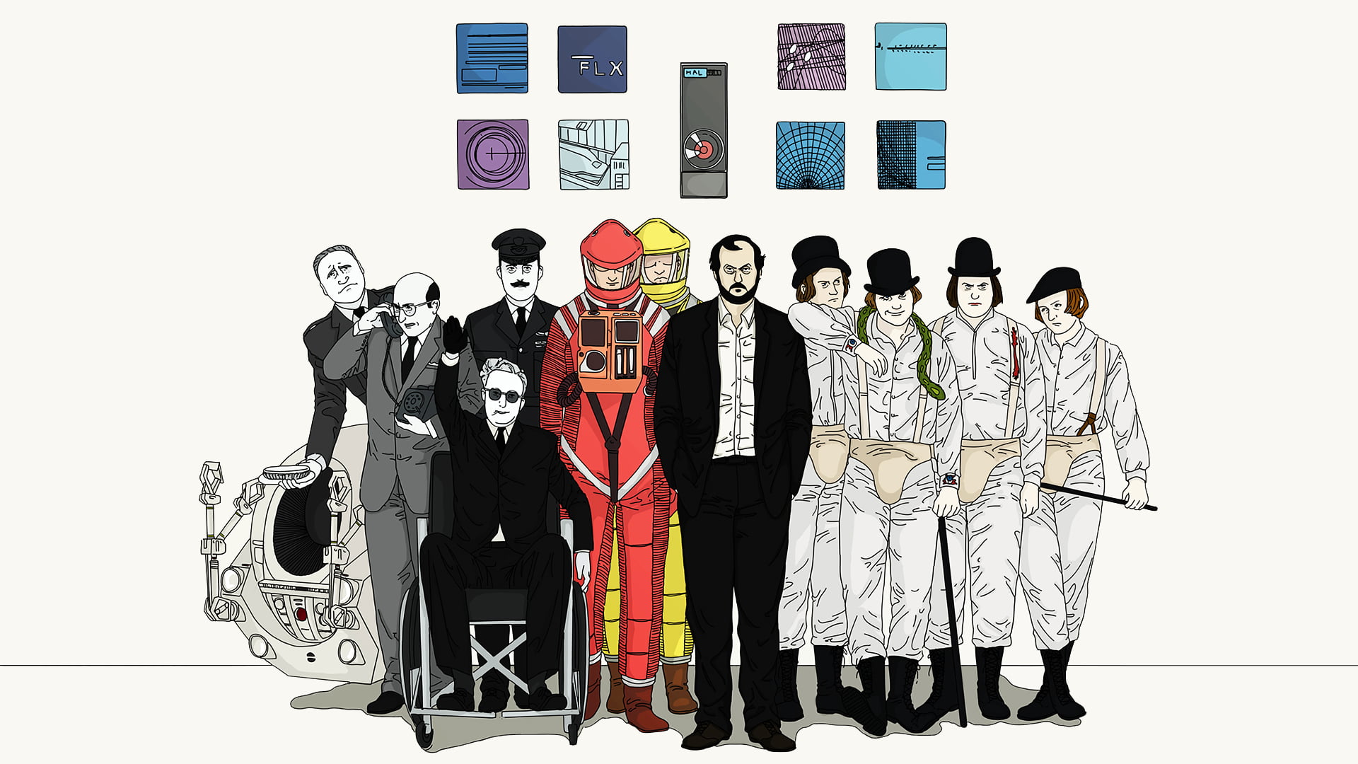 illustration of peoples, 2001: A Space Odyssey, A Clockwork Orange, Dr. Strangelove, HAL 9000
