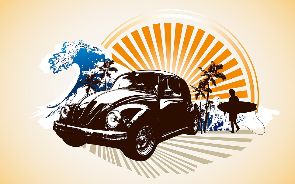 black beetle car illustration HD wallpaper