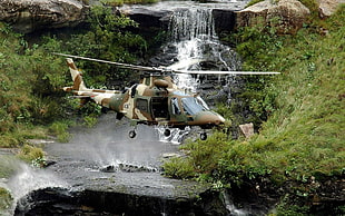brown and green camouflage helicopter, helicopters, waterfall, military, vehicle HD wallpaper