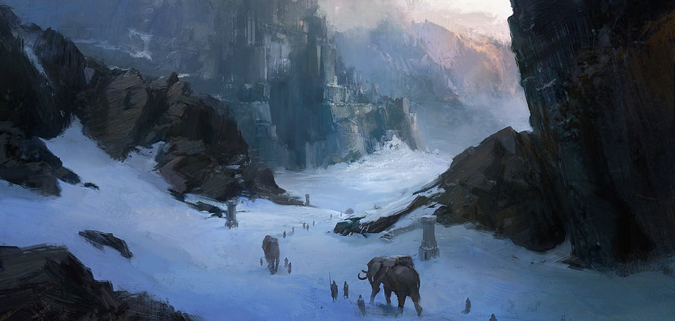mammoth walking on snow coated road painting, painting, landscape, Guild Wars 2 HD wallpaper