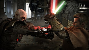 two man action characters holding lightsaber while fighting illustration