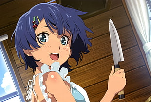 purple-haired anime character holding knife