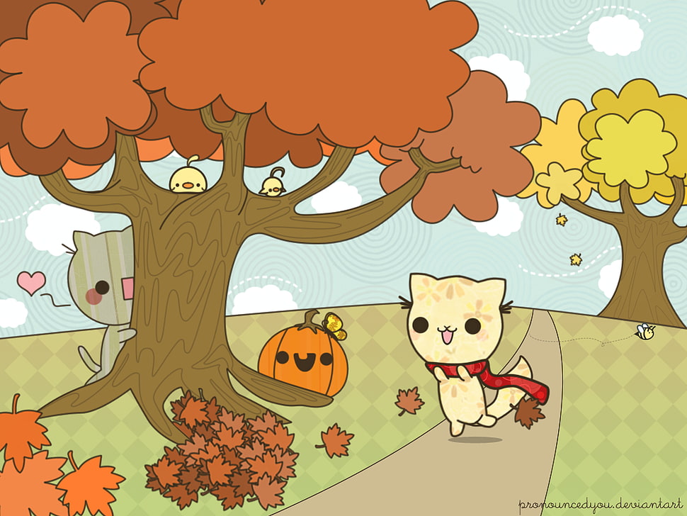 gray cat walking near tree illustration, fall, nature, clouds, sky HD wallpaper
