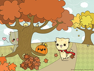 gray cat walking near tree illustration, fall, nature, clouds, sky