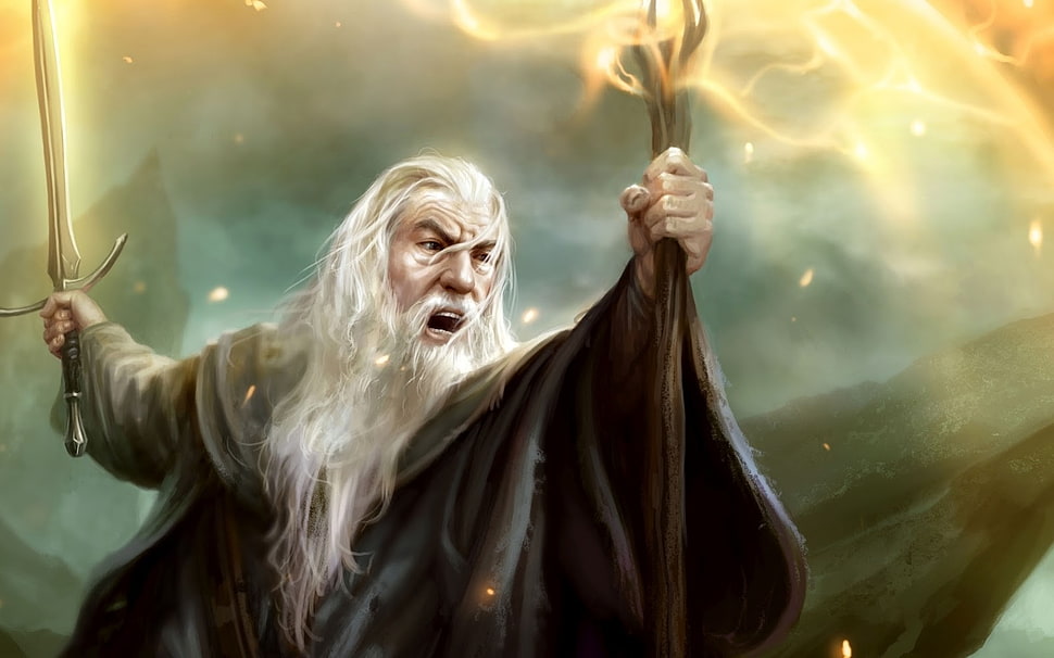 man holding sword and stick wallpaper, The Lord of the Rings, Gandalf, Guardians of Middle-earth, wizard HD wallpaper