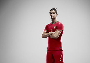 Christiano Ronaldo wearing red Nike crew-neck soccer jersey shirt with shorts HD wallpaper