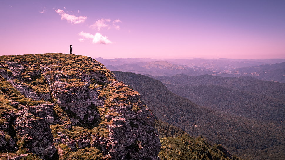 photo of a person on top of a green mountain HD wallpaper