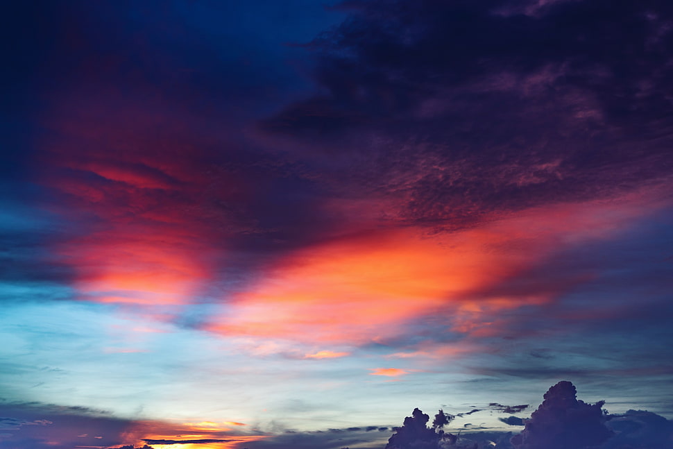 red and white clouds, sky, clouds, sunset, mountains HD wallpaper