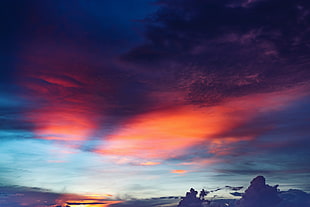 red and white clouds, sky, clouds, sunset, mountains