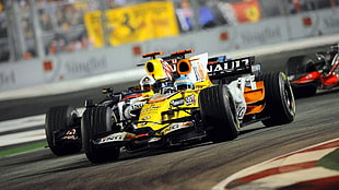 yellow and orange Renault Formula 1 race car, Fernando Alonso, Renault F1 Team, Formula 1 HD wallpaper
