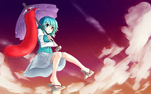 anime character holding umbrella near clouds