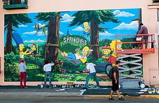 four men painting The Simpson family on wall, The Simpsons, artwork, Homer Simpson, people