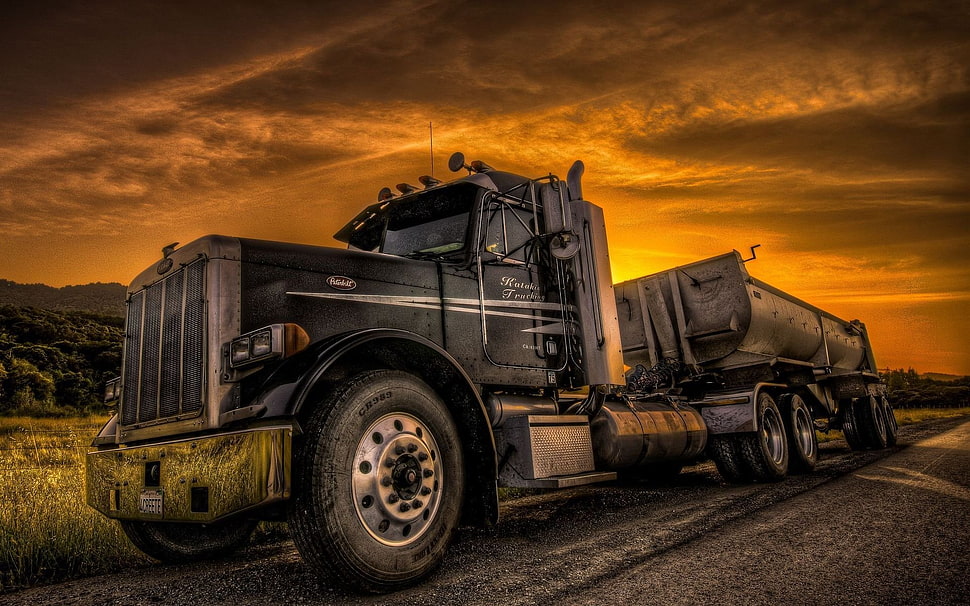 black and brown Jeep Wrangler, HDR, trucks, sunset, Peterbilt HD wallpaper