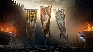 three gray battle flags