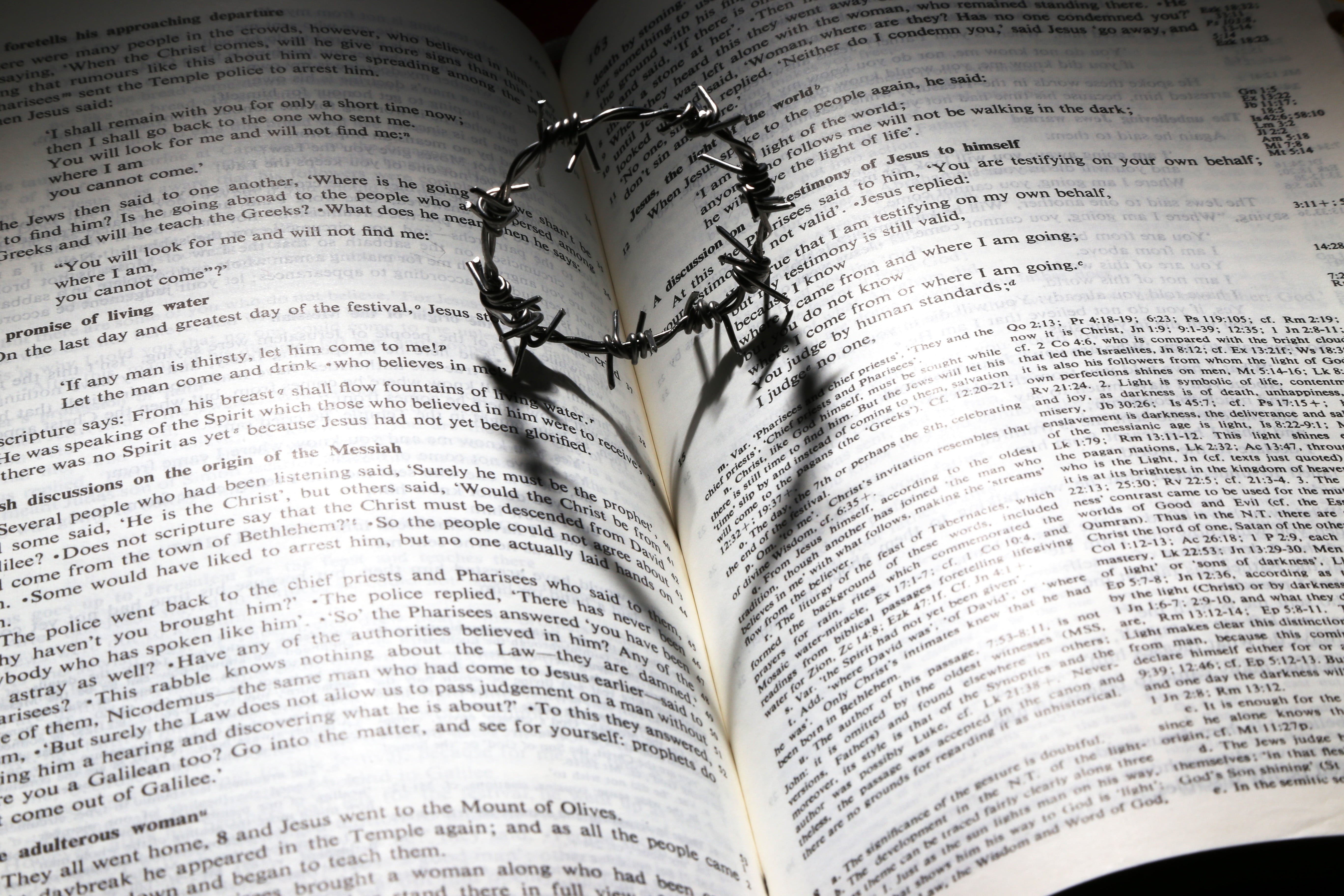 gray metal wire on Bible