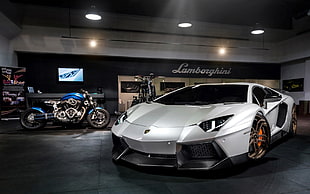 white Lamborghini sports coupe beside blue and grey motorcycle