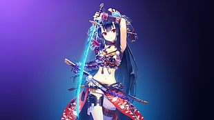 blue-haired female anime character holding blue electric sword