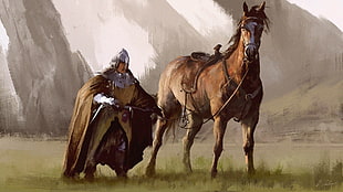 knight beside brown horse painting, artwork, horse, knight, warrior