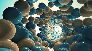 beige and blue balls through hole digital wallpaper