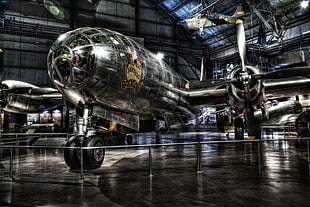 silver propelled power aircraft, museum, lights, planes, aircraft