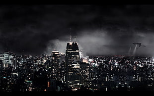spaceship hoovering above the city covered in dark clouds HD wallpaper