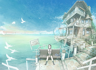 female anime character poster, anime, city, Japan, water