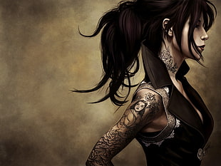 woman with black ink tattoo on right arm illustration HD wallpaper
