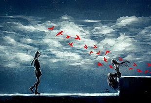 silhouette of two people with flying birds in cloudy background phooto
