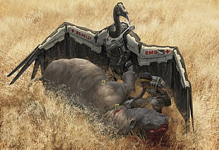 digital poster of robotic vulture in front of hippopotamus, vultures, science fiction, rhino, blood